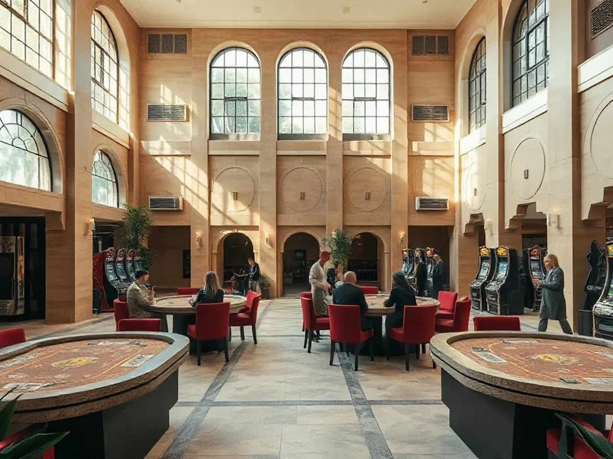 A casino gaming floor with physical tables, slot machines, tall windows and pale stone finishes.
