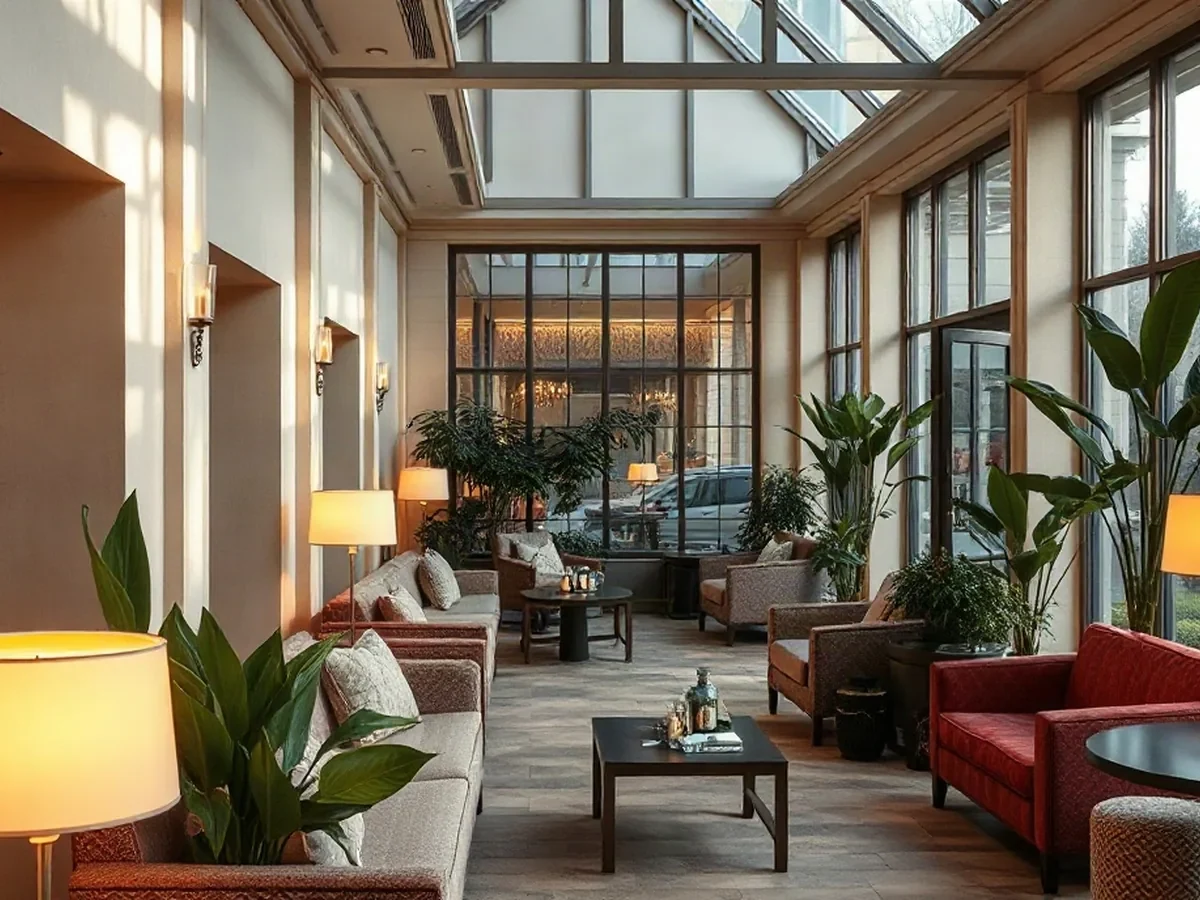 A quiet lounge with wine red seating, oak details and leafy plants.