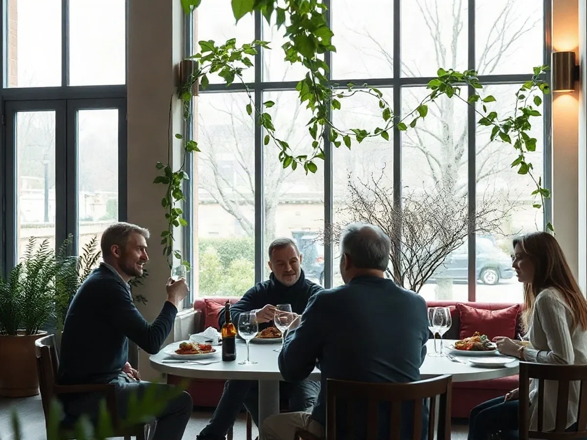 Adults sharing a meal at a brasserie table beside tall windows and greenery.
