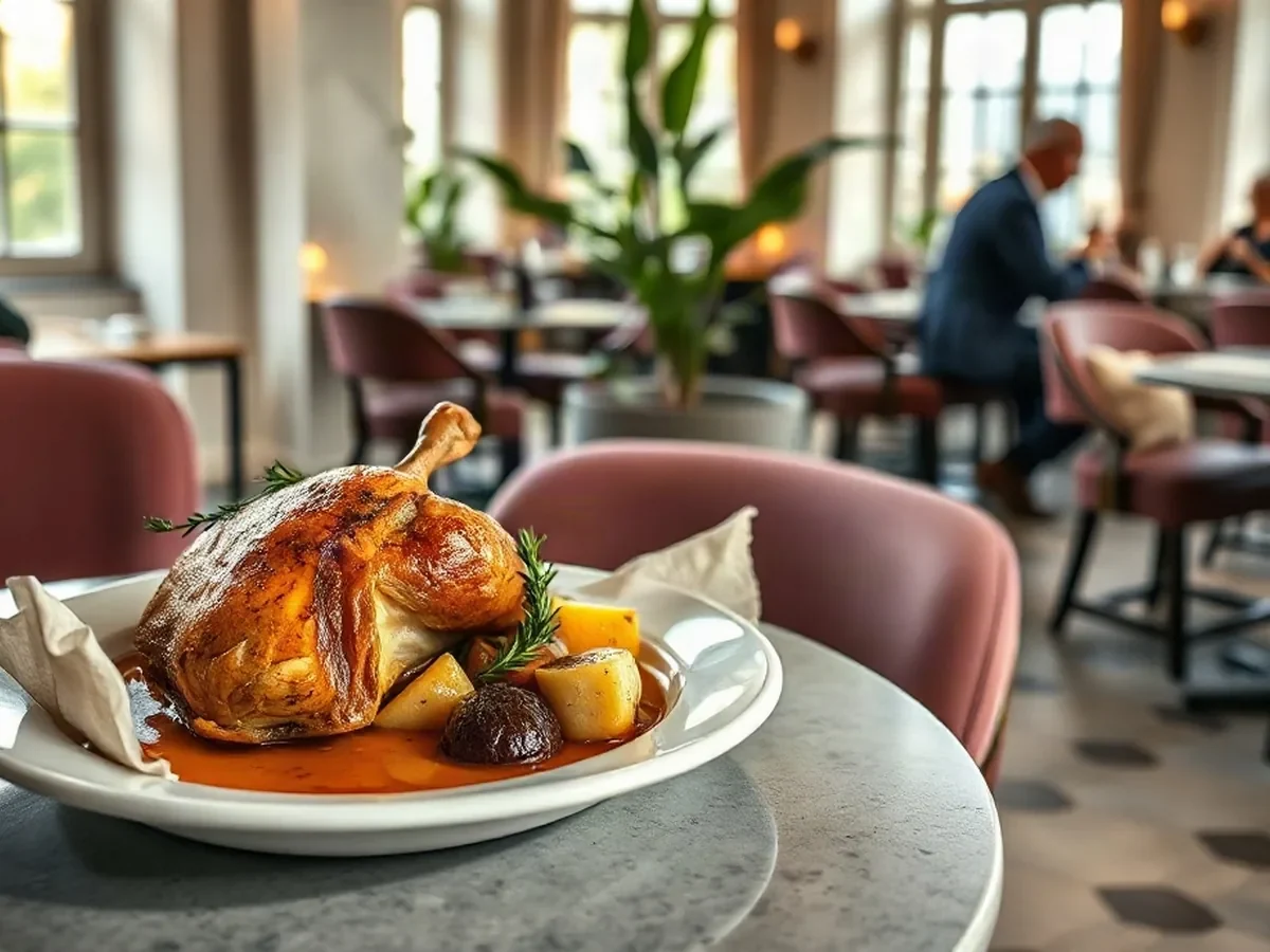 Golden roast chicken served with seasonal vegetables, thyme and pan juices.