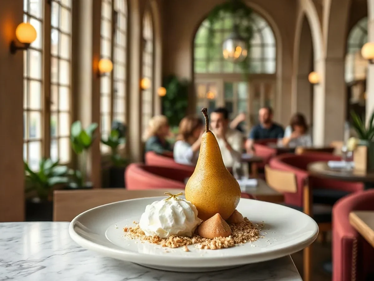 Poached pear with vanilla cream and crisp oat crumble.