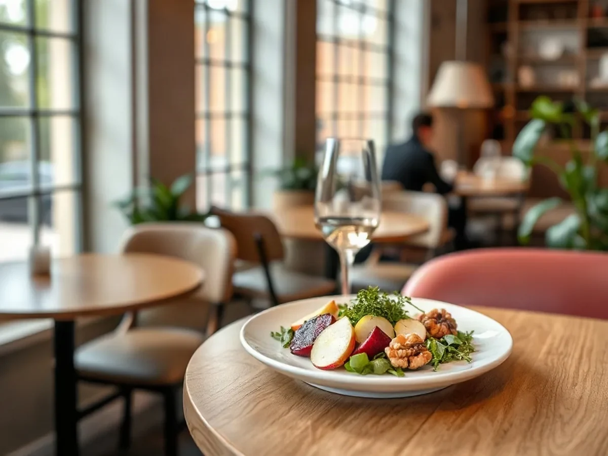 Roasted beetroot and apple salad with leaves, herbs and toasted walnuts.